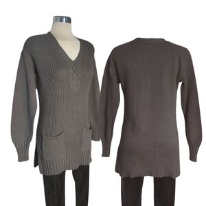 Brown V-Neck Sweater with Pockets